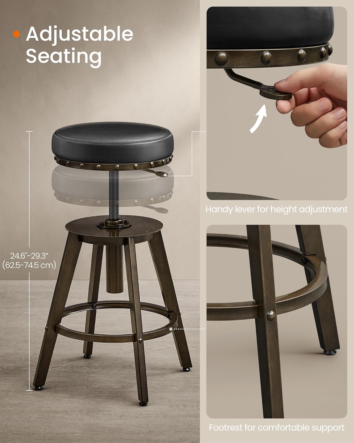 SONGMICS HOME Bar Stools, Set of 2, Steampunk Counter Stool for Kitchen, Adjustable Height and Swivel Padded Seat, Workbench Stool, 16.5 x 19.3 x 24.6-29.3 Inches, Ink Black ULJB096B01