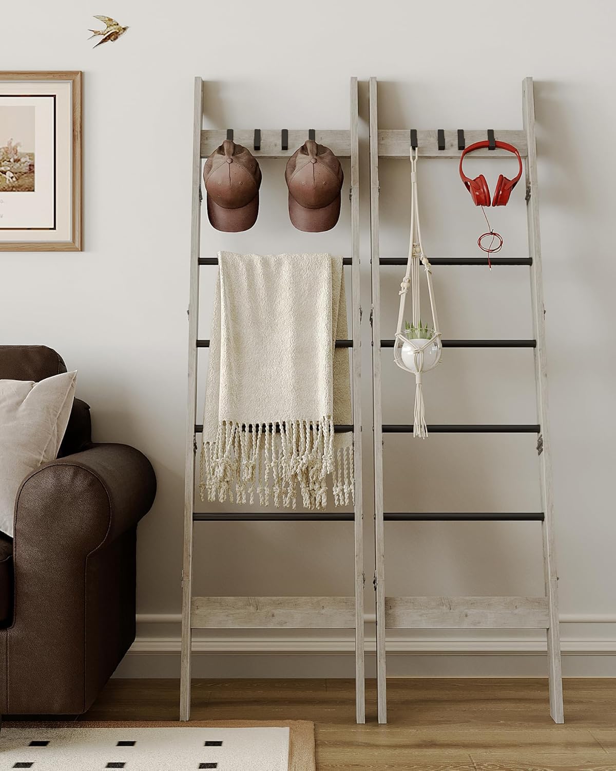 Blanket Ladder for Living Room, Decorative Quilt Rack with 4 Removable Hooks, 6-Tier Farmhouse Ladder Holder Shelf Organizer for Bedroom, Greige and Black BR31505B