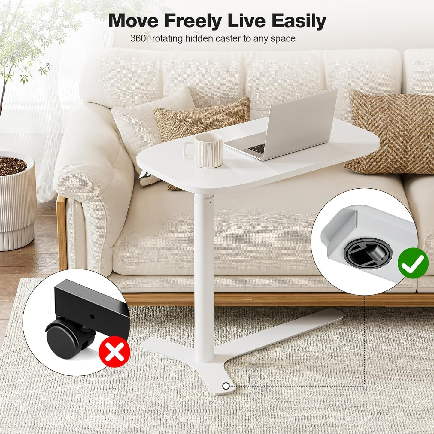 Muvai 30 Inch Large Overbed Table with Wheels Adjustable Height Ideal Bedside Table for Home Medical Use - Rolling Table for Hospital Versatile Bedside, Lap Desk, Laptop Stand,White