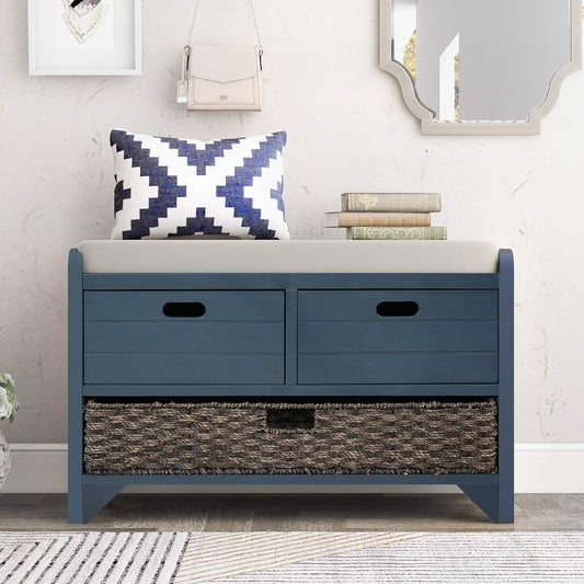 Merax Classic Wood Shoe Storage Bench with 2 Drawers, Large Rattan Basket and Seat Cushion for Entryway Hallway Front Door Navy