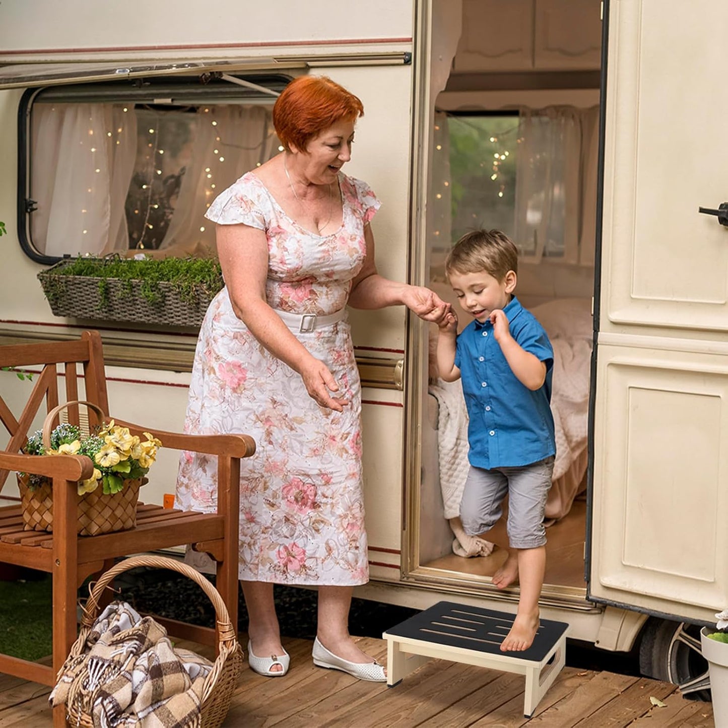 One Step Stool for Adults Seniors with Non-Slip Rubber Step Surface, 5.5" Heavy Duty Wooden Stepping Stools with 450 LBS Capacity for Bedroom Kitchen Bathroom, Bed Steps for High Beds, Bedside Support