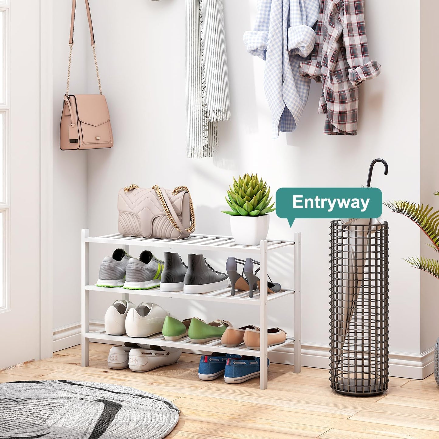 White Shoe Rack, 3-Tier Bamboo Wood Shoe Rack for Closet, Entryway & Hallway, and Stackable Shoe Shelf Storage Organizer for Indoor and Outdoor