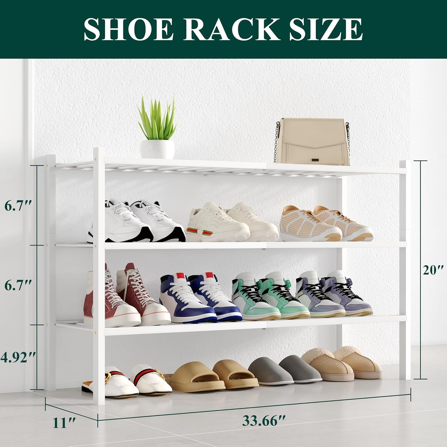 Smiry Shoe Rack, 3 Tier Long Bamboo Shoe Organizer, Stackable Free Standing Wooden Shoe Storage Shelf for Closet, Entryway, Front Door Entrance, White
