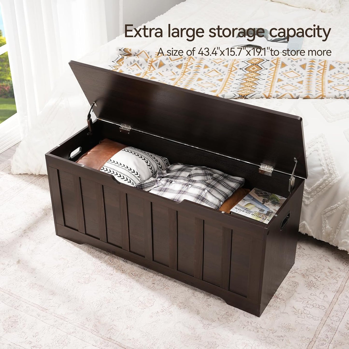 43.3" Storage Chest Extra Large,Storage Trunk with 2 Safety Hinges,Wooden Storage Bench,Shoe Bench,43.3x15.7x19.1 Inch,Easy Assembly,Storage Bench for Bedroom,Living Room,entryway(Espresso).