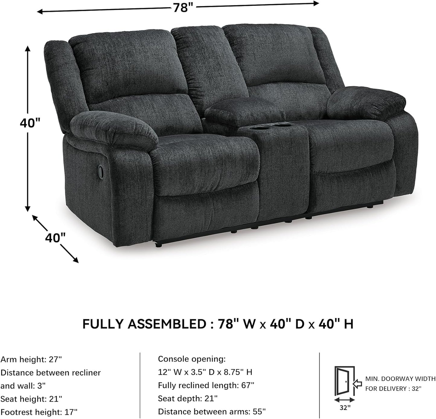 Signature Design by Ashley Draycoll Contemporary Double Reclining Manual Loveseat with Center Console, Dark Gray