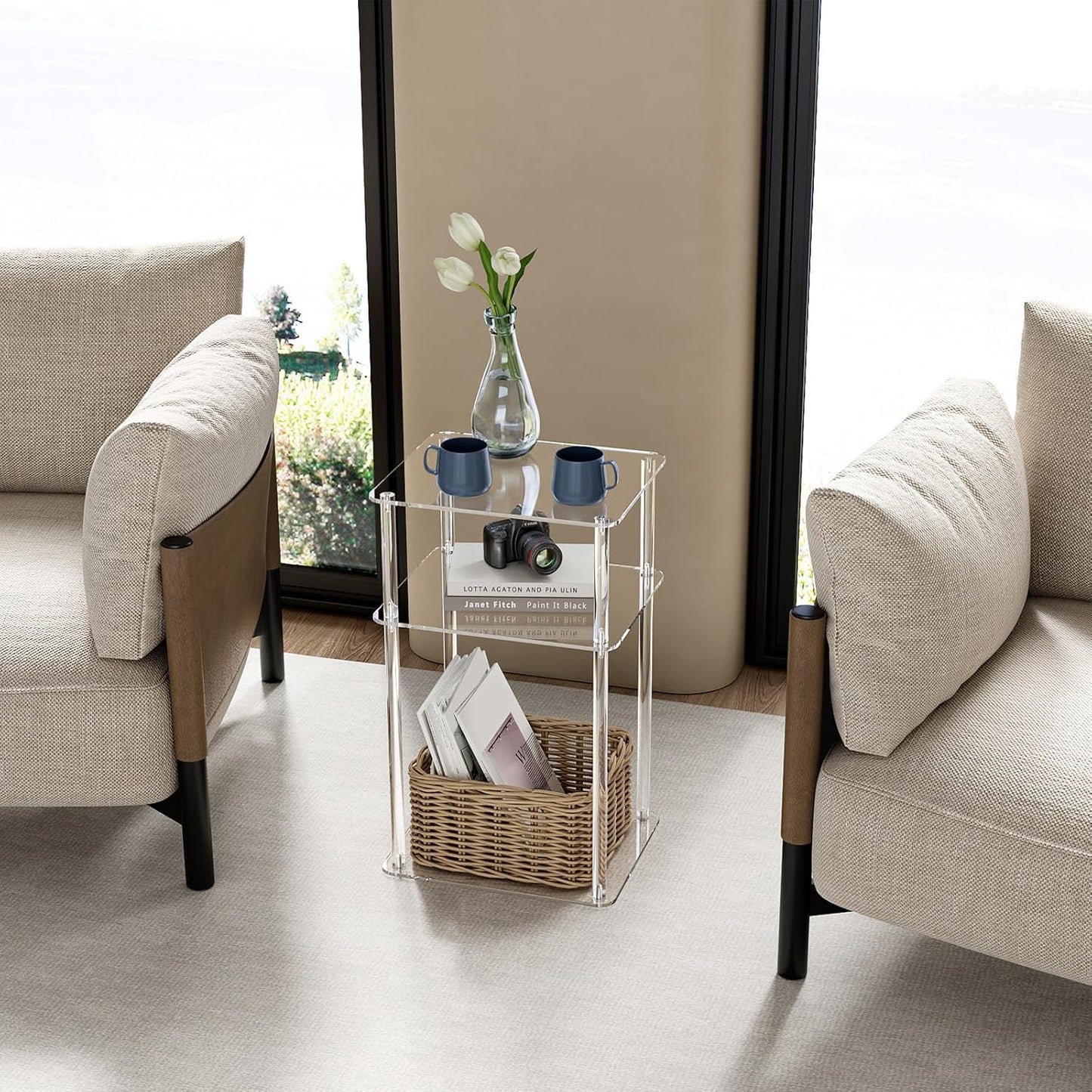 HMYHUM Acrylic Side Tables for Small Spaces, 14" L x 11.5" W x 23.2" H, Nightstand/Bedside Table Set of 2, Home Accent End Table for Living Room, Bedroom, 3-Tier, Clear