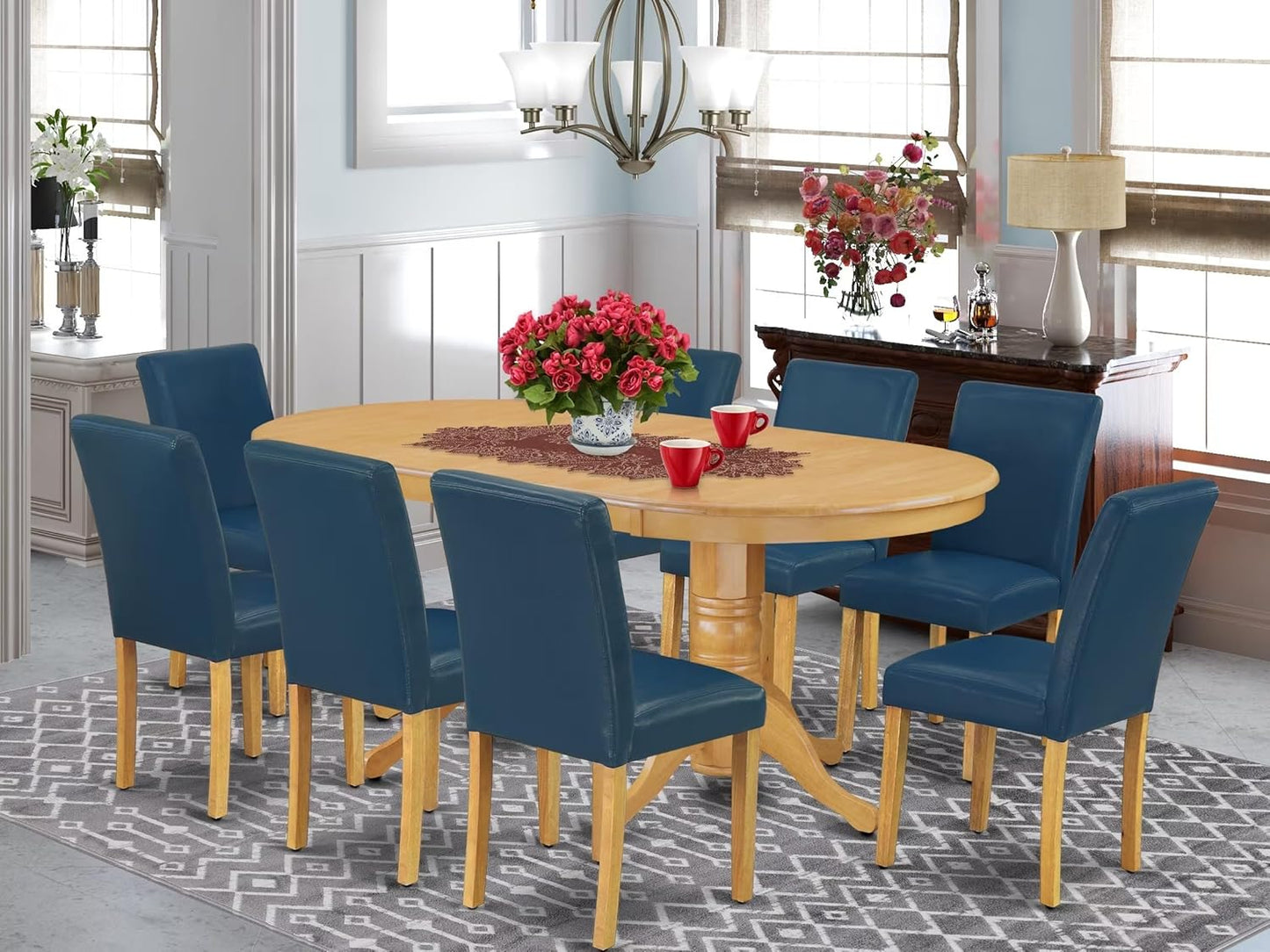 East West Furniture VAAB9-OAK-55 9 Piece Modern Dining Table Set Includes an Oval Wooden Table with Butterfly Leaf and 8 Oasis Blue Faux Leather Parson Dining Chairs, 40x76 Inch, Oak