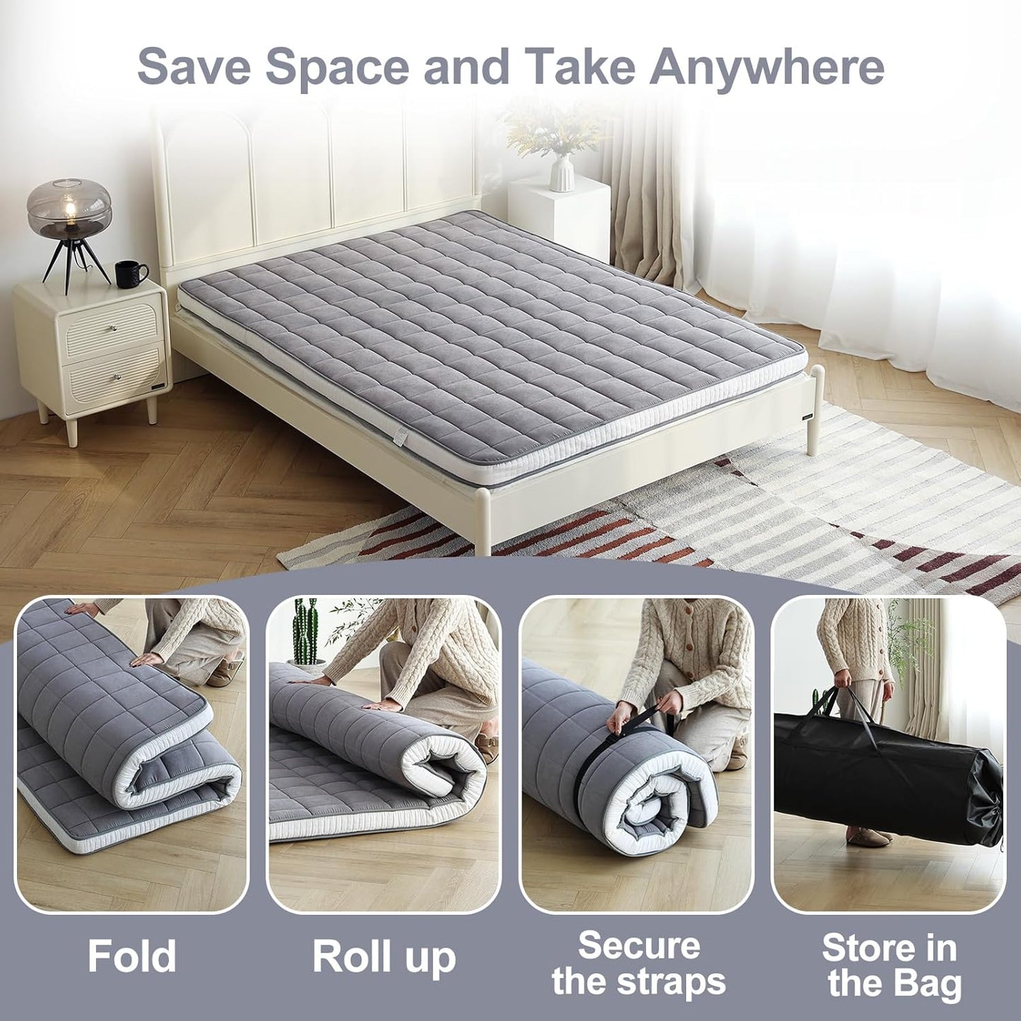 Tiita Japanese Floor Mattress Futon Mattress 4” Thick Folding Roll Up Sleeping Pad with Bag & Strap, Bed Topper Mat for Guest, Lounger and Tavel, Gray,Twin Size