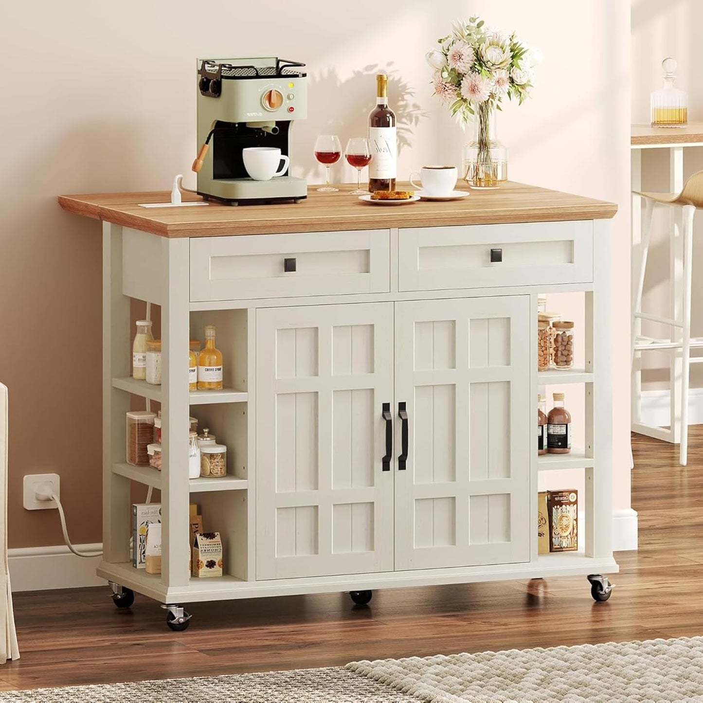 DWVO Rolling Kitchen Island with Drop Leaf, Mobile Storage Islands with Power Outlet Foldable Tabletop, 2 Drawers and Open Shelves, for Living Room, Dining Room, Off White