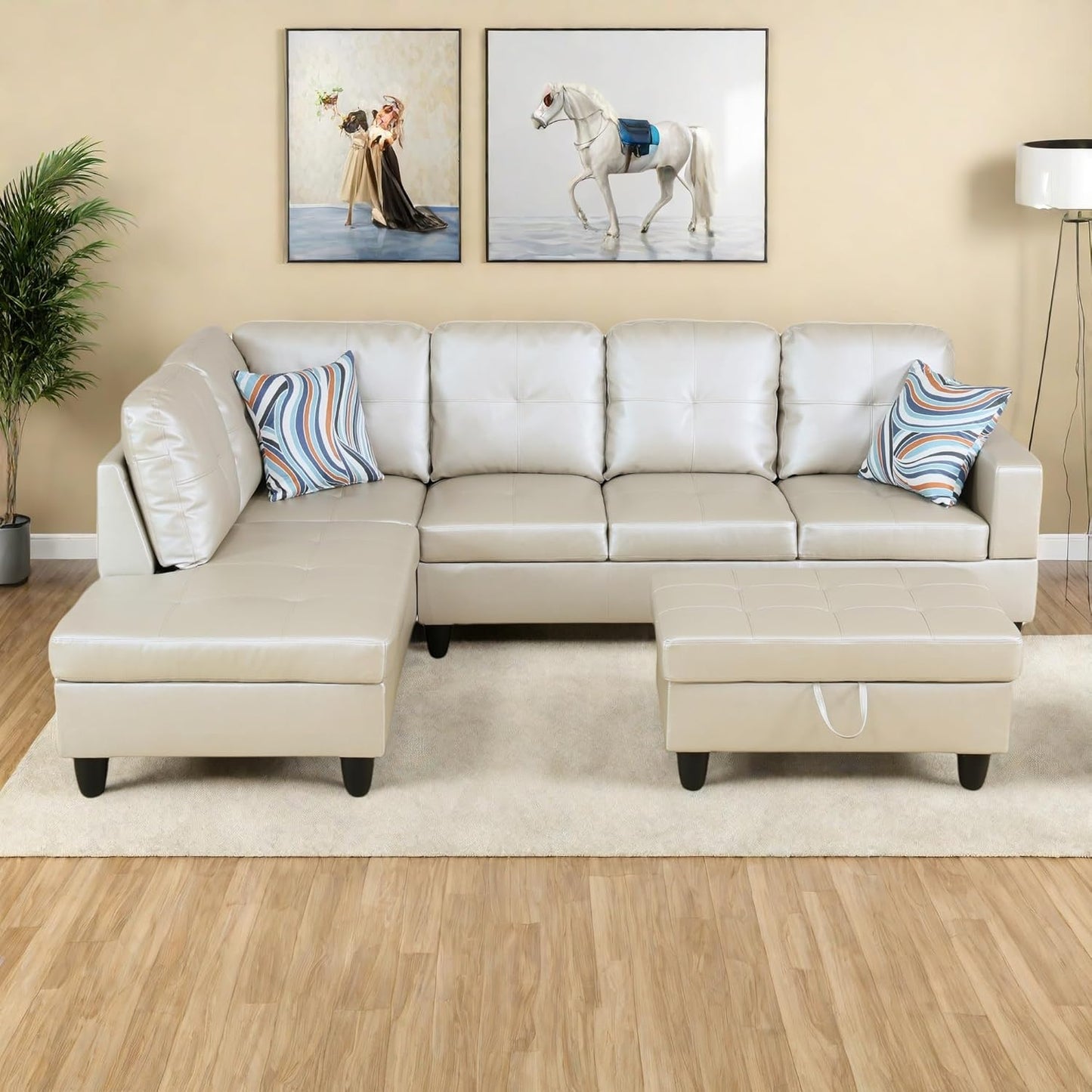 L-Shaped Sectional Sofa with Ottoman, Right-Facing Leather Modern Couch with Cup Holder for Living Room, Bedroom, Office, Glistening White