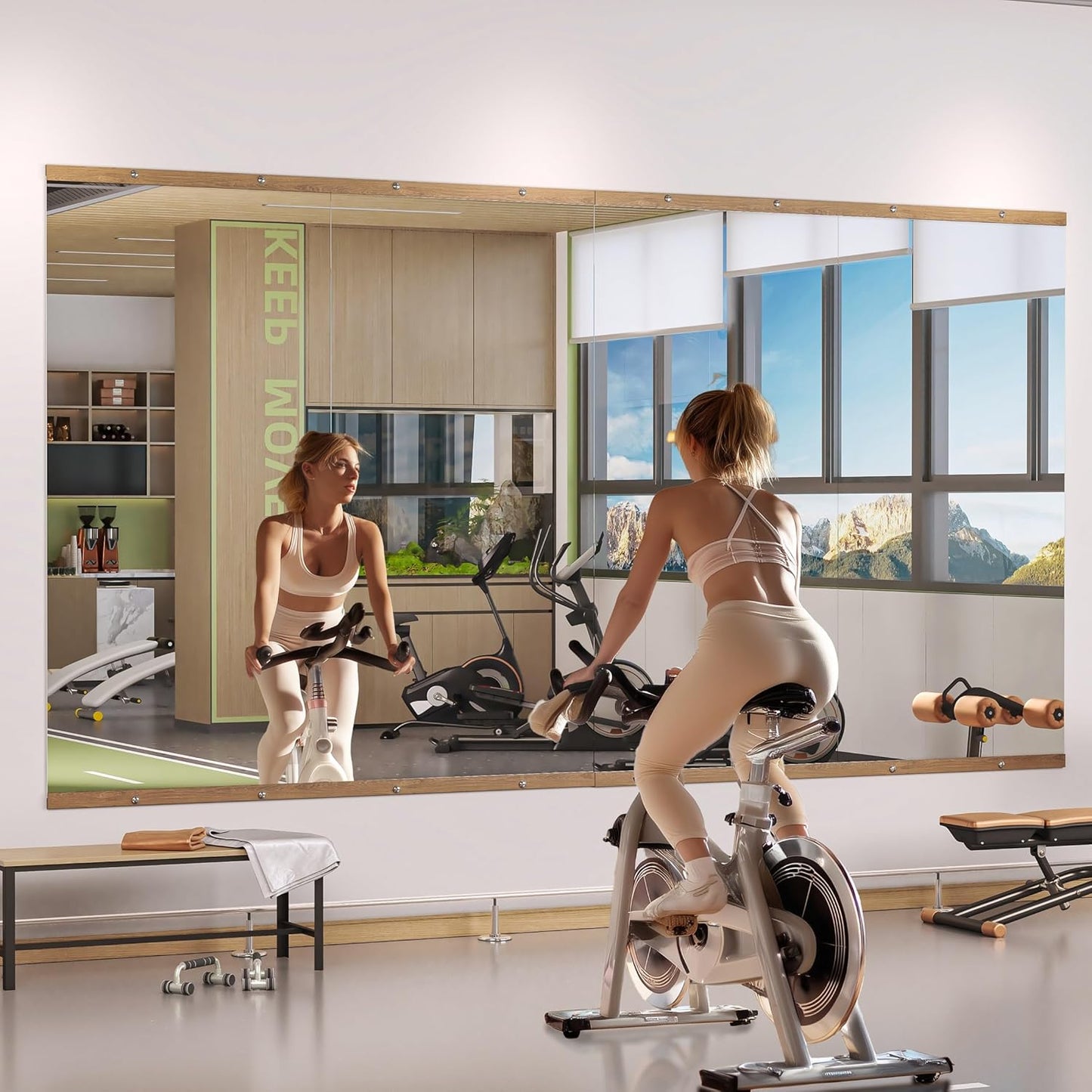 Hasipu 2Pcs 71''x31'' Home Gym Mirror Large Full Length Wall Mounted Full Body Mirror for Yoga Dance Fitness Exercise Studio Bedroom Garage, Frameless Tempered Glass Workout Mirrors Walnut Rectangular