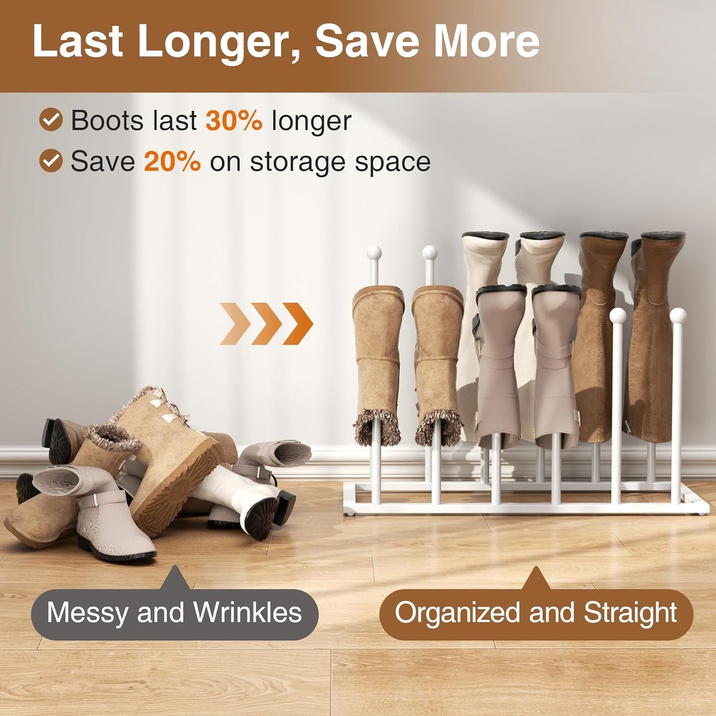 pickpiff Boot Rack Organizer Tall Boots, White Boot Storage Organizer Tall Boots for Closet, Entryway, Garage, Porch, Free Standing Shoe Racks for 6 Pairs