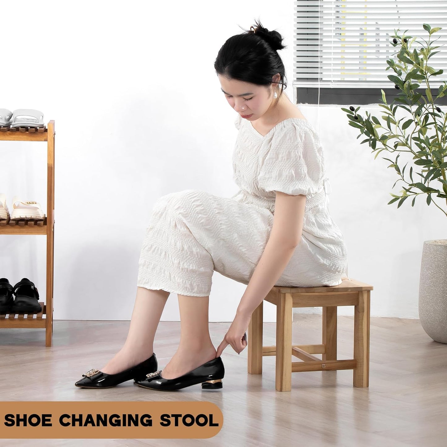 12 Inch Wooden Step Stool, Small Nature Beach Chair Under Desk, Indoor Acacia Wood Short Footstool for Living Room, Kitchen, Bathroom