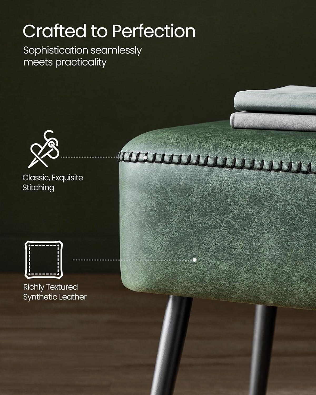 VASAGLE EKHO Collection - Bench for Entryway Bedroom, Synthetic Leather with Stitching, Ottoman Bench with Steel Legs, Living Dining Room, Mid-Century Modern, Loads 660 lb, Forest Green ULOM076C01