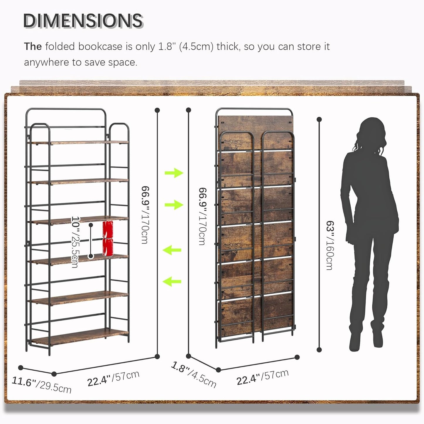 4NM No Assembly Folding Bookshelf 6 Tiers Vintage Industrial Black Book Shelf Metal Foldable Storage Bookcase and Bookshelves for Living Room,Bedroom and Kitchen - Rustic Brown