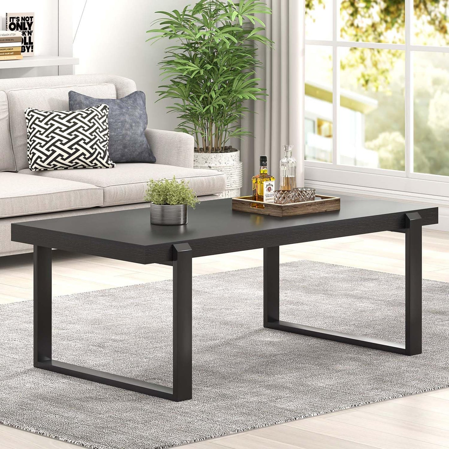 FOLUBAN Black Coffee Table, Modern Industrial Wood and Metal Center Table, Rectangle Cocktail Tea Table for Living Room, 47 Inch