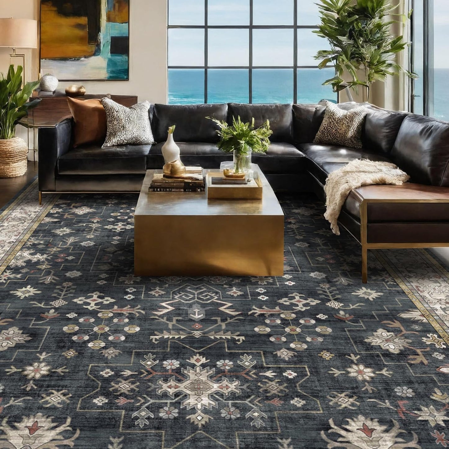 Boho Dining Room Rugs for Under Table - Washable Black Area Rug for Living Room, Low Pile Non-Slip Rugs for Bedroom, Office - Charming Geometric Decor & Stain Resistance - 6x8 Black/Multi