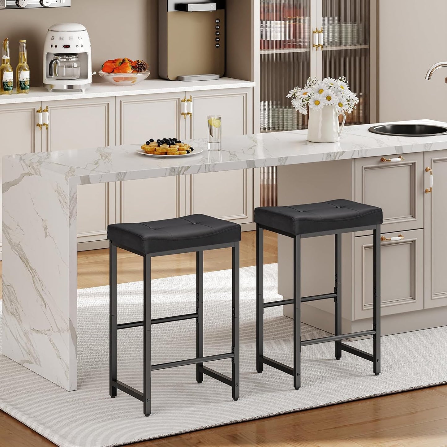 HOOBRO Bar Stools,25.4" Saddle Stools with PU Upholstery, Counter Height Stools with Footrest, Kitchen Breakfast Chairs, for Dining Room, Cafe, Bar, Black BB23BY01