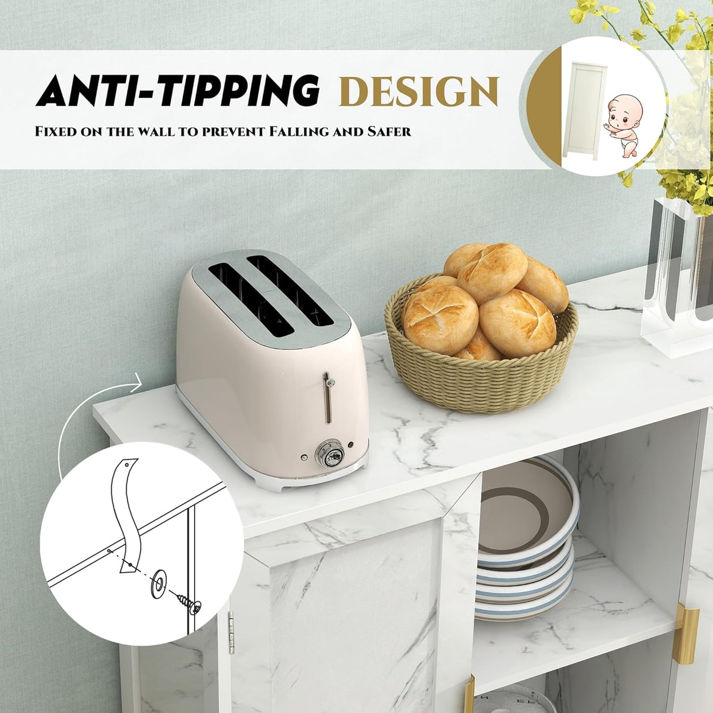 TaoHFE Marble Top Narrow Sideboard Cabinet,Modern White Marble Side Buffet Cabinet with Storage,Kitchen Island Narrow Sideboard for Kitchen for Living Room