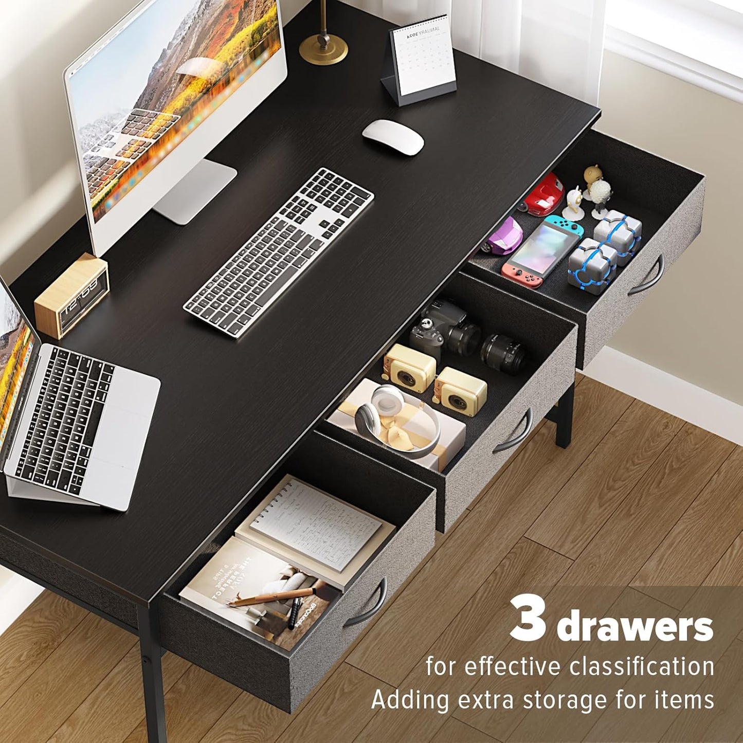 WOHOMO Computer Desk with 3 Drawers, 47.2 Inch Bedroom Desk with Storage, Home Office Desk for Room Spaces, Modern Work Writing Study Tables, Black