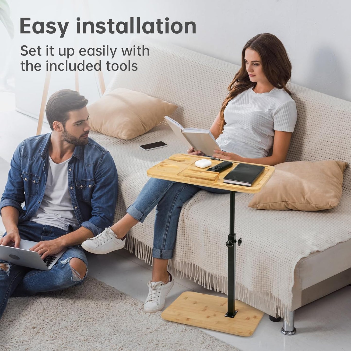 Bamboo Sofa Side Table Adjustable Height,Snack C Shaped End Table with Swivel Phone Stand,TV Trays for Eating on Couch, Small Spaces/Bathtub/Recliner/Bed/Sofa,Oblong.