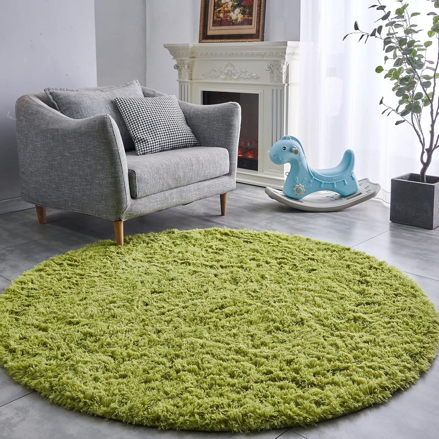 FJZFING Grass Green Round Rug Ultra-Soft Plush Modern 5x5 Circle Area Rug for Kid's Bedroom, Fluffy Shag Circular Rug for Nursery Room, Cute Grass Green Carpet for Teen's Room
