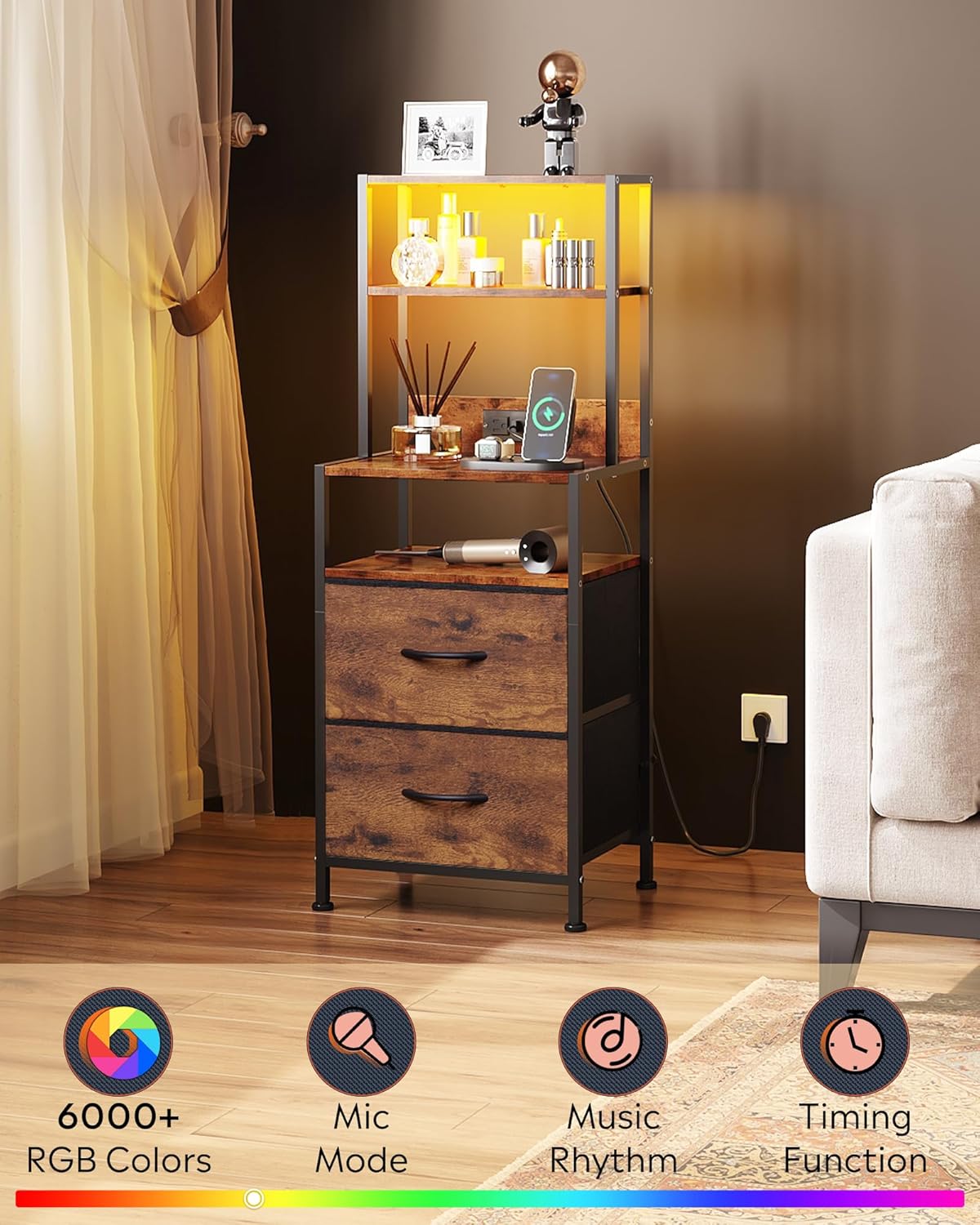 WLIVE Nightstand with Charging Station, LED Night Stand with 2 Drawers and 4 Storage Open Shelves, Fabric Dresser for Bedroom, Rustic Brown