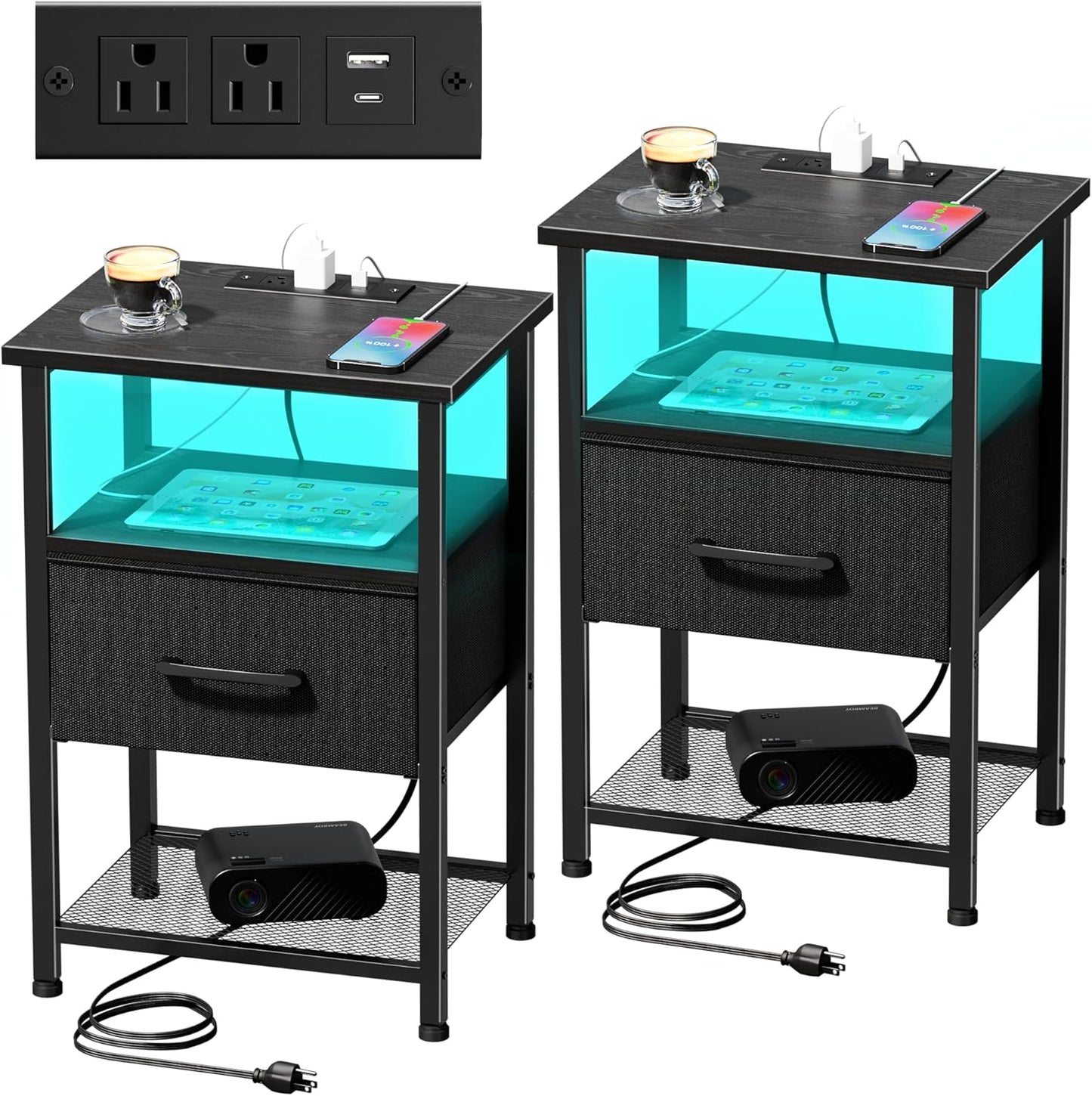 Nightstands Set of 2 with Charging Station and Drawer, End Table Bedside Table with 20 Colors LED Light Strip and 2 Layers Shelf for Bedroom Living Room Sofa Couch (Black)