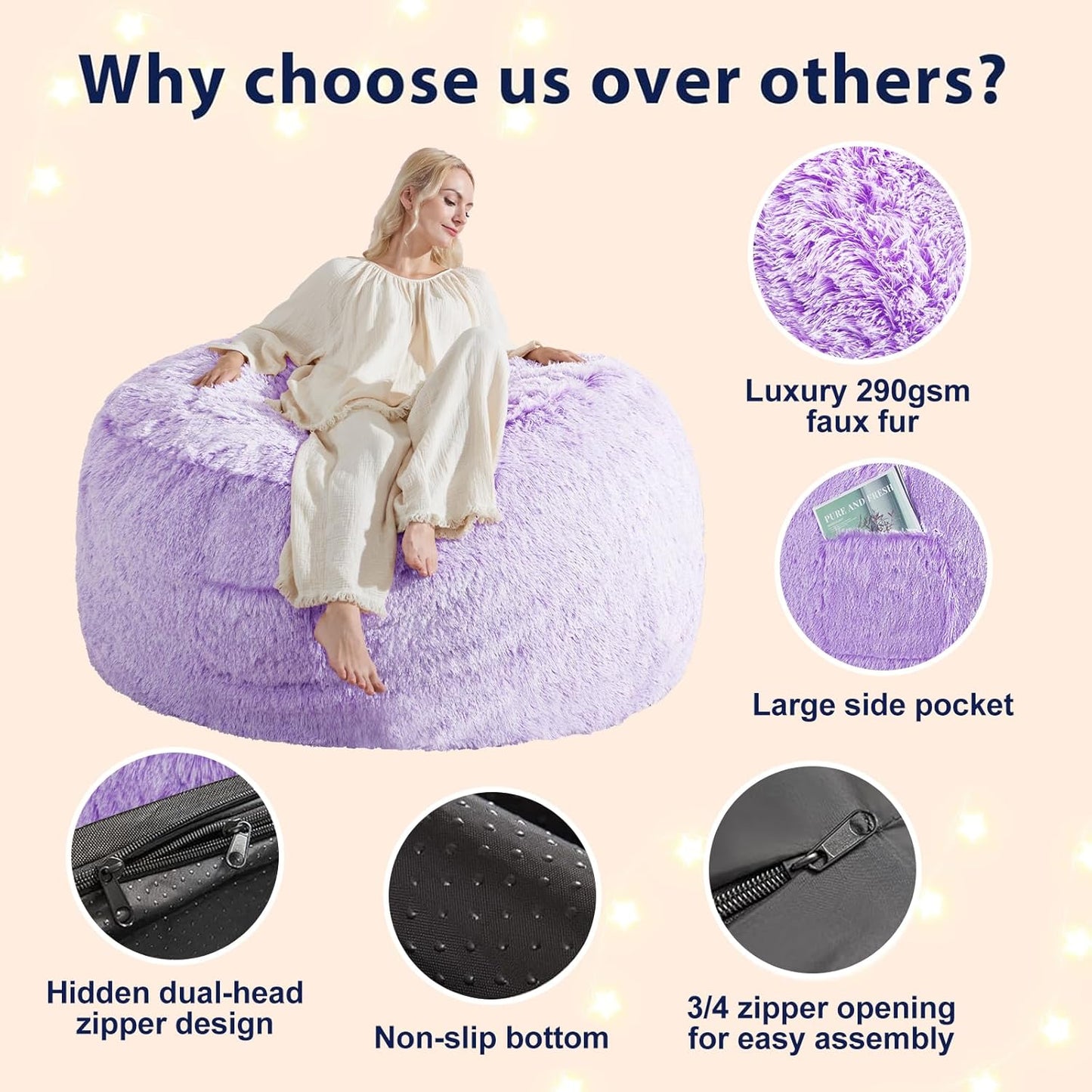 5FT Bean Bag Cover for Stuffed Animals Machine Washable, Gaming Bean Bag Chairs for Adults Teens Girls, Lovely Cute Bean Bag Storage Stuffed Animal, Purple