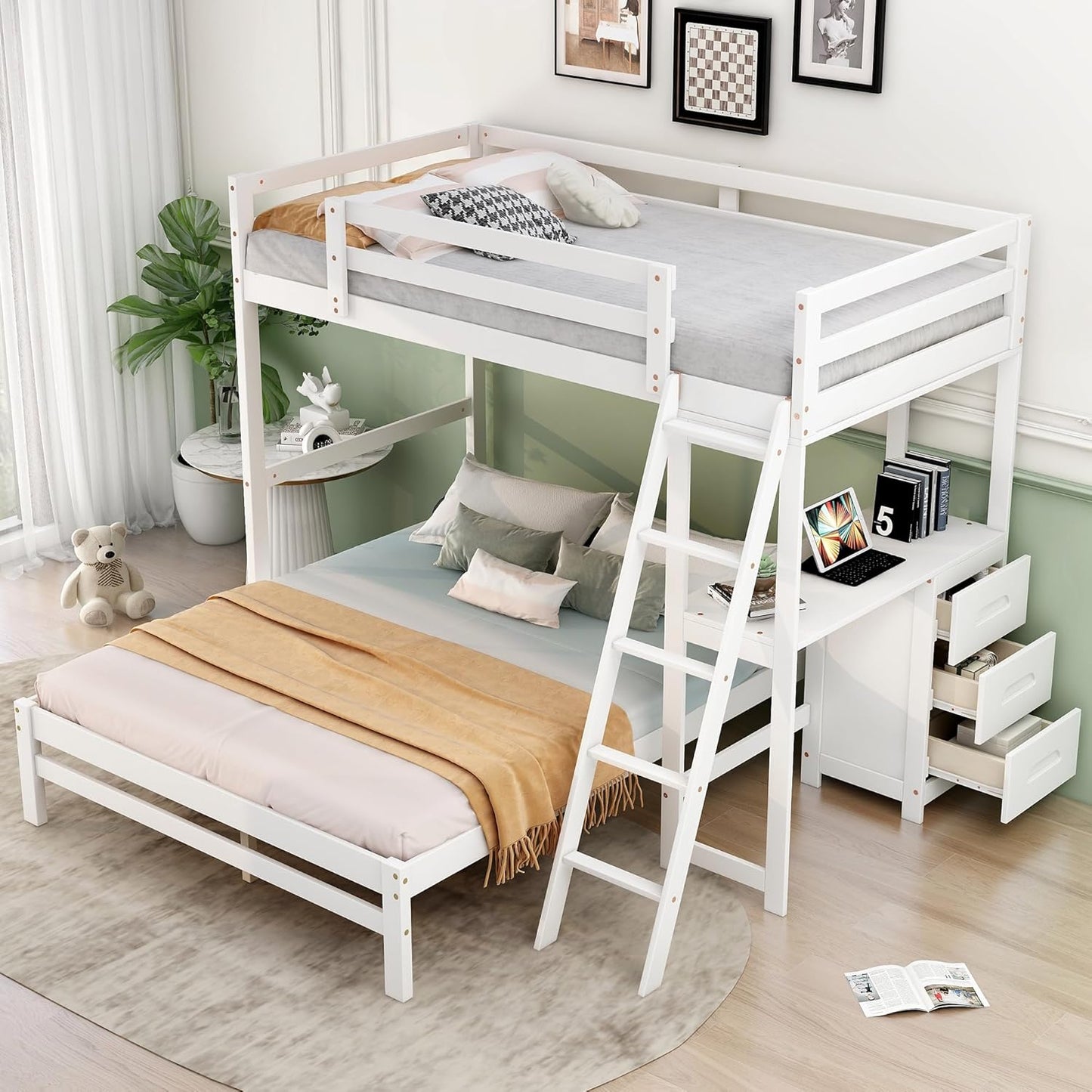 Twin Over Full Bunk Bed with Built-in Desk and Three Drawers,Pine Wood Convertible Twin Over Full L-Shaped Loft Bunk Bed Frame for Kids Teens Adults,White
