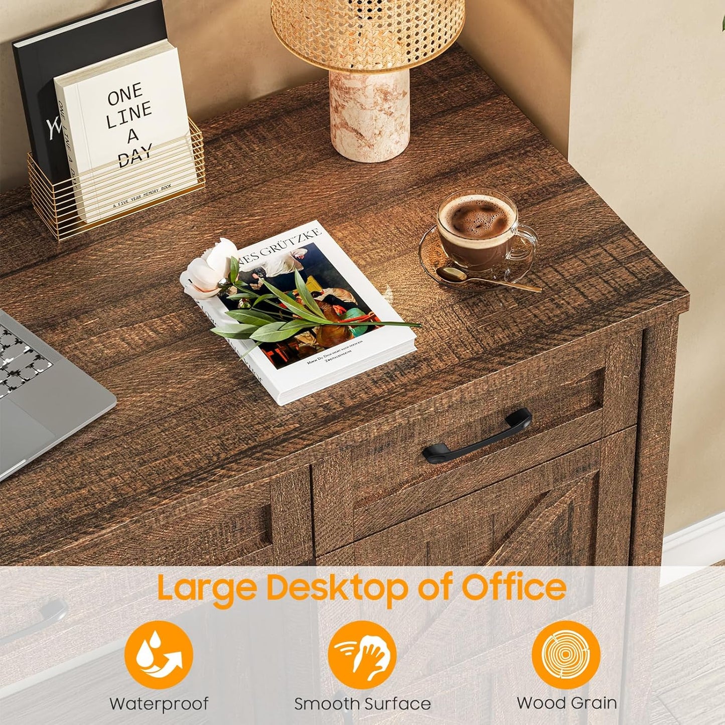 Farmhouse 61'' Executive Desk with 5 Drawers, Rustic Office Desk Computer Desk with Charging Station, File Drawers and Storage Cabinet, Wood Workstation for Study and Home Office, Red-Brown.