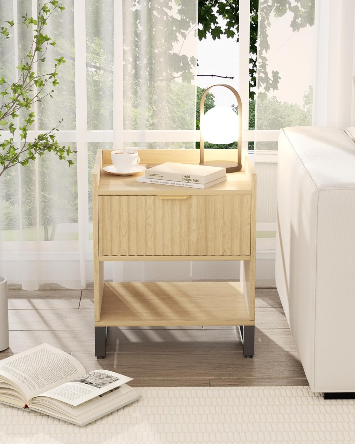 Fluted Night Stand Set 2 with Charging Station, Wood Nightstand with Large Drawer and Open Storage Cabinet, Mid-Century Modern Bedside Table End Table for Bedroom Closet Office