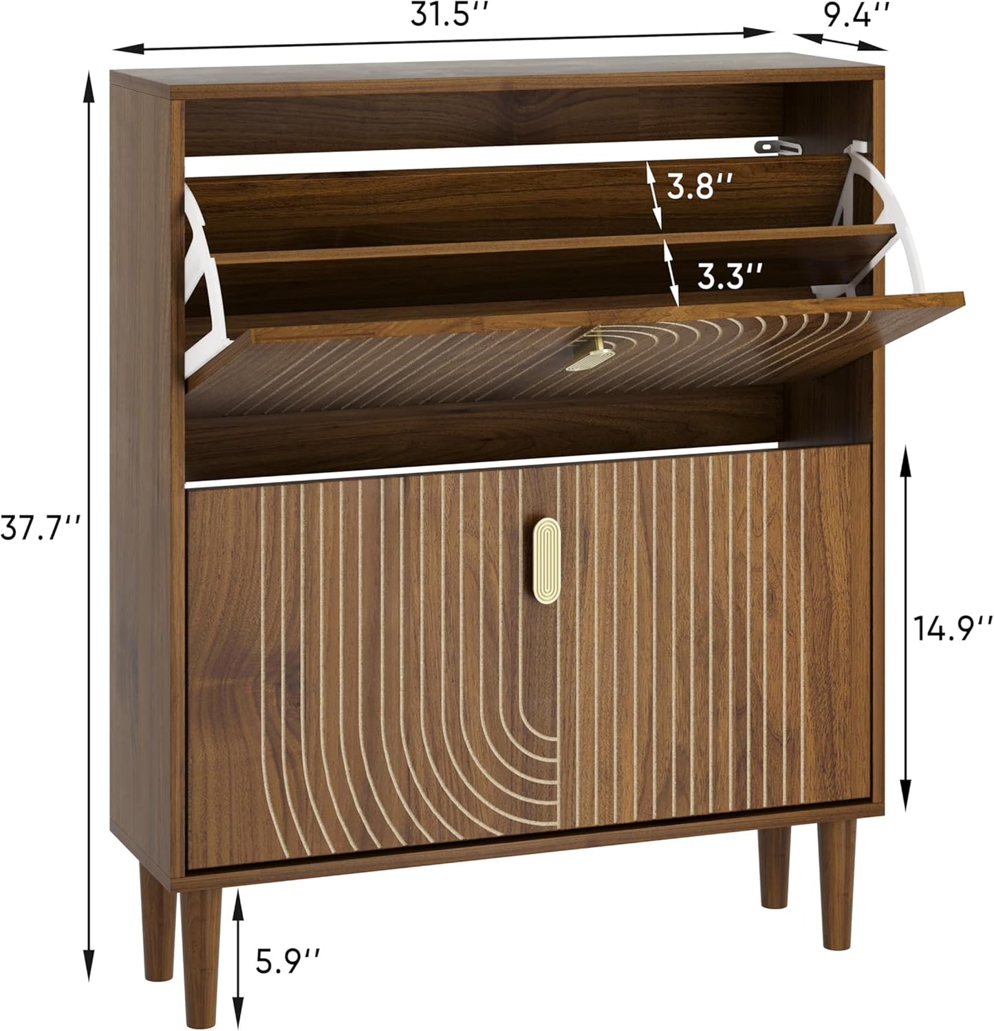 Smuxee Shoe Cabinet with 2 Flip Drawers, 31.5" Walnut Hidden Shoe Storage Cabinet with Line Groove Design, Freestanding Shoe Organizer Cabinet for Entryway, Hallway, Living Room