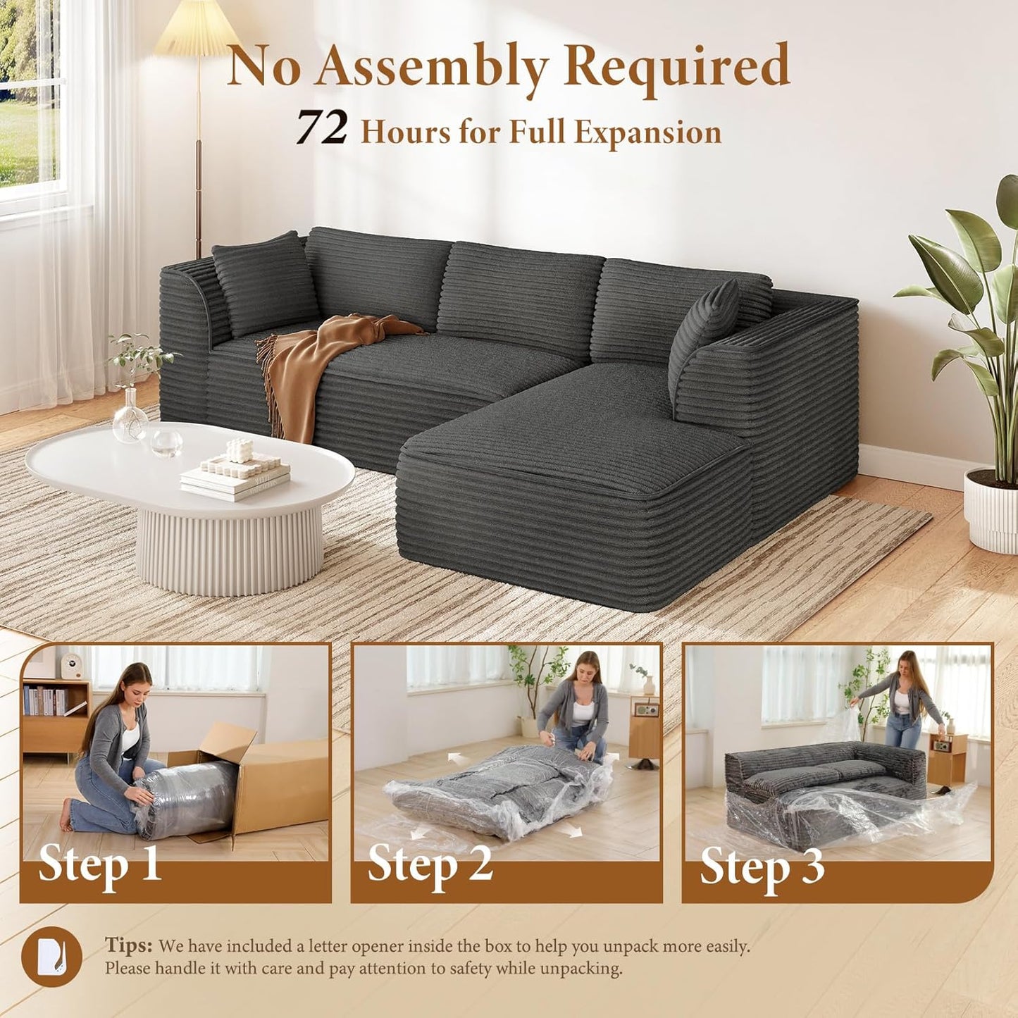 Vesgantti 106" Modular Sectional Sofa with Chaise, Deep Seat Comfy Cloud Couch Corduroy L Shaped Sofa Sectional Couches for Living Room Bedroom, No Assembly Required (Grey, Right-Facing Chaise)