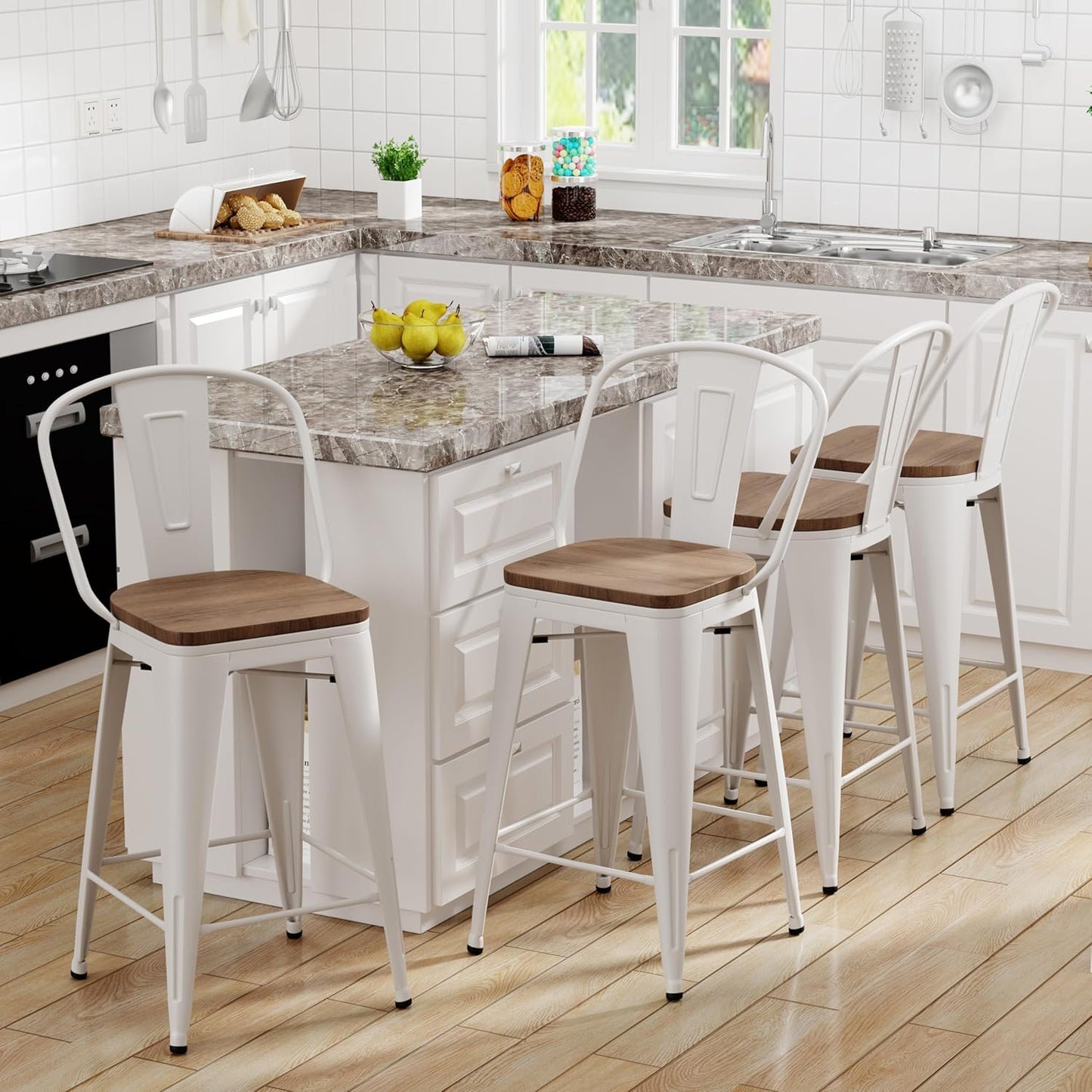 Yongqiang 30 inch Bar Stools Set of 4 Farmhouse Bar Height Stools High Back Kitchen Bar Chairs Cream White Metal Barstools with Large Wooden Seat