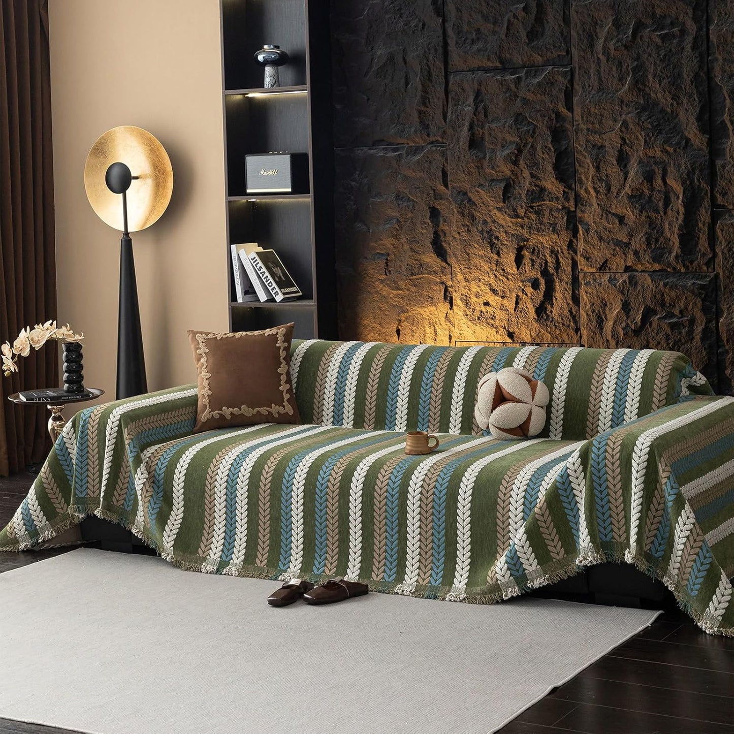 STACYPIK Thick Jacquard Green Couch Cover, Washable Sofa Cover for 3 Cushion Couch, Washable Chenille Couch Cover Blanket, Multi-use Sofa Protector Slipcover, Furniture Protector Pet-Friendly-71X150IN