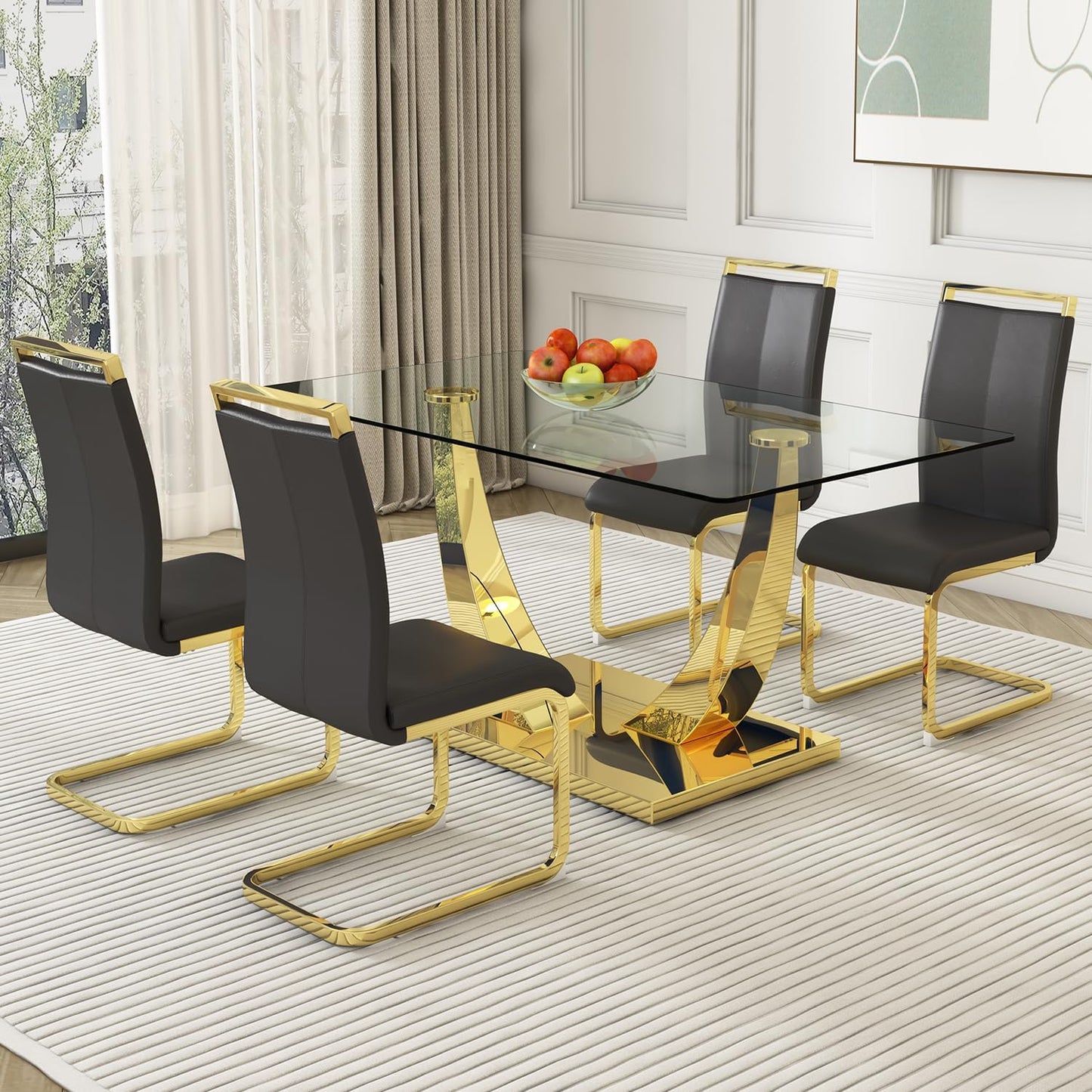 Modern Dining Chairs Set of 4,High Back Black Kitchen Chairs,Faux Leather Side Chair with Gold Plated Metal Legs,Easy to Clean Upholstered Dining Chairs,Ideal for Living Room(Gold Leg)