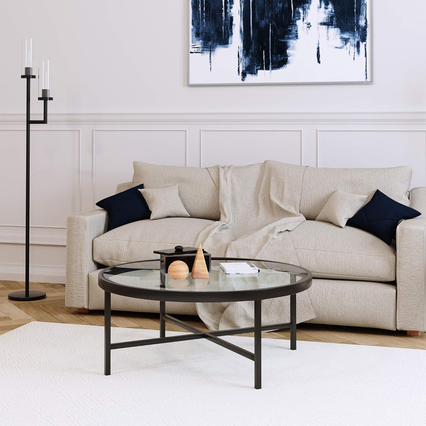 Henn&Hart 36" Wide Round Coffee Table with Glass Top in Blackened Bronze, Modern coffee tables for living room, studio apartment essentials