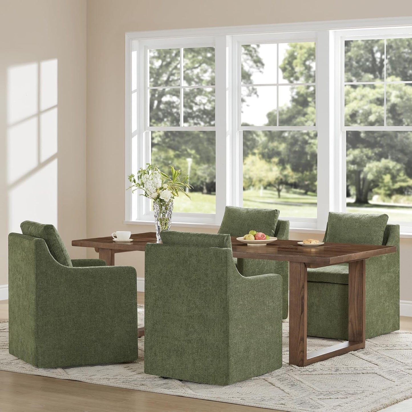 Upholstered Dining Chairs with Casters Easy Assembly Modern Accent Armchair with Rollers for Diningroom Bedroom Livingroom Reading Room,Green,2 Boxs