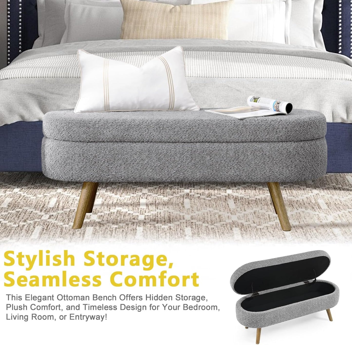 NicBex Ottoman Bench with Storage for Bedroom, 43.5" Upholstered End of Bed Bench with Rubber Wood Legs, Linen Storage Bench for Living Room or Entryway,