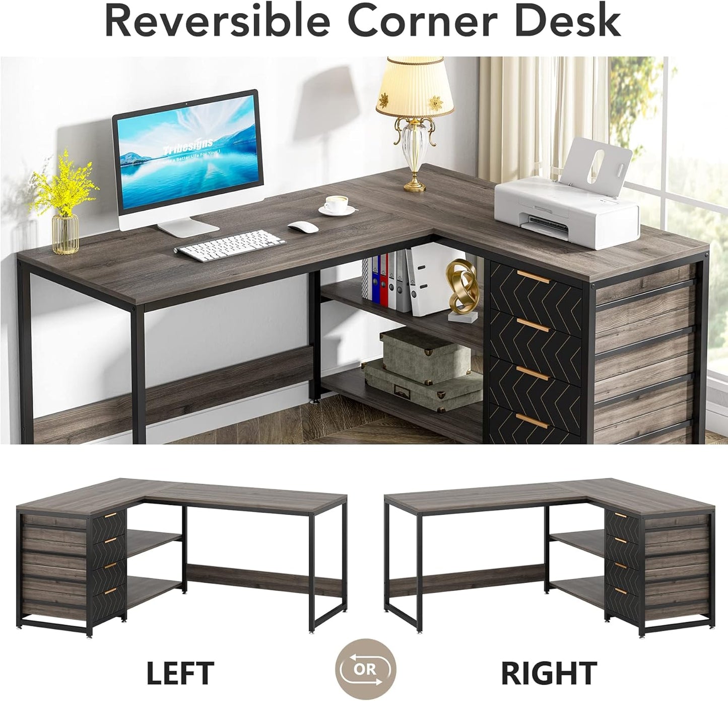 LITTLE TREE 59-Inch L Shaped Desk with Drawers, Large Computer Desk with Storage Shelves, Reversible L-Shaped Corner Desk Workstation for Home Office