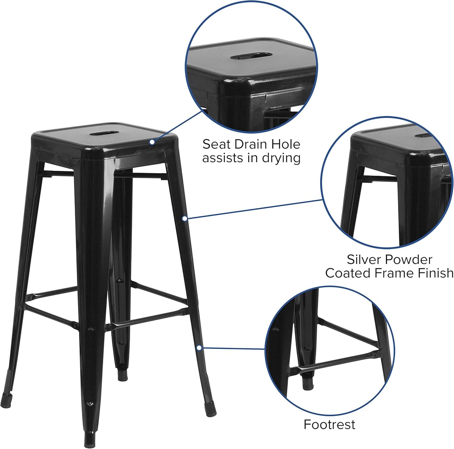 Flash Furniture 30"H Commercial Modern Metal Backless Barstool, Indoor/Outdoor Industrial Square Stacking Bar Stool for Patio Bars/Restaurants, Black