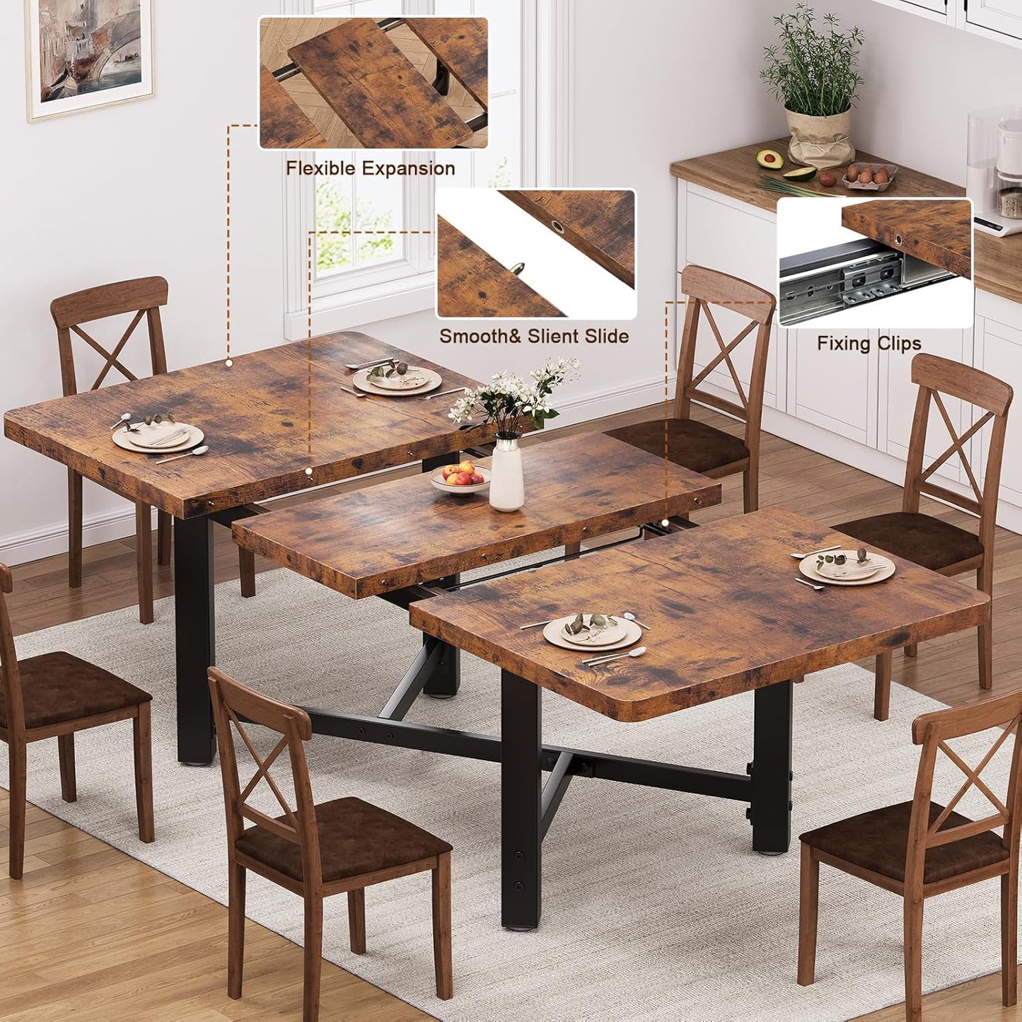 Dining Table for 4-6, 62“Extendable Kitchen Dining Room Table, Space Saving Rectangle Large Expandable Wood Dinner Furniture for Small Space, Brwon