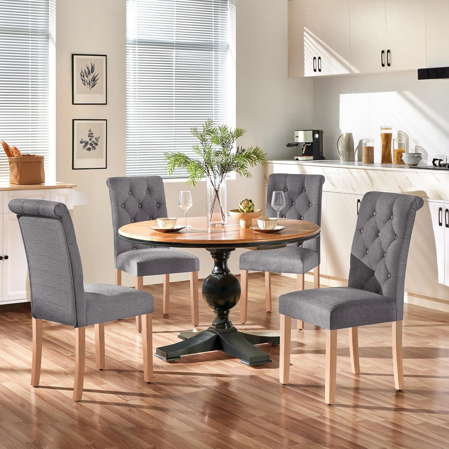 Yaheetech Dining Chairs Set of 4 Fabric Upholstered Button Tufted Kitchen Chairs with Solid Wood Legs for Home, Restaurant, Dining Room, Dark Gray