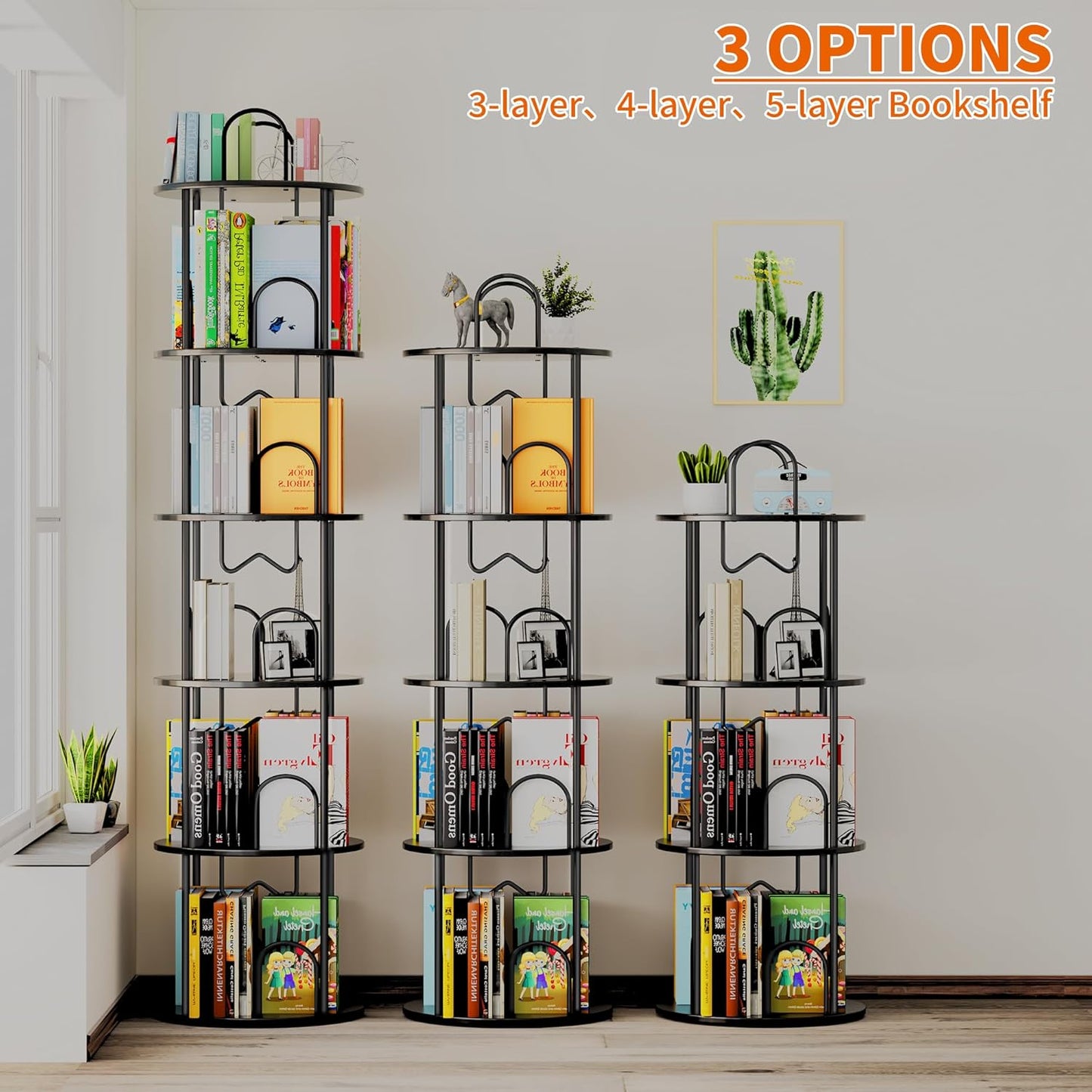 3 Tier Rotating Bookshelf, 360° Spinning Bookshelf Tower, Round Narrow Space Saving for Books and Display, Revolving Bookcase Corner Tall Book Shelf for Small Spaces, Bedroom, Living Room, Black+Black