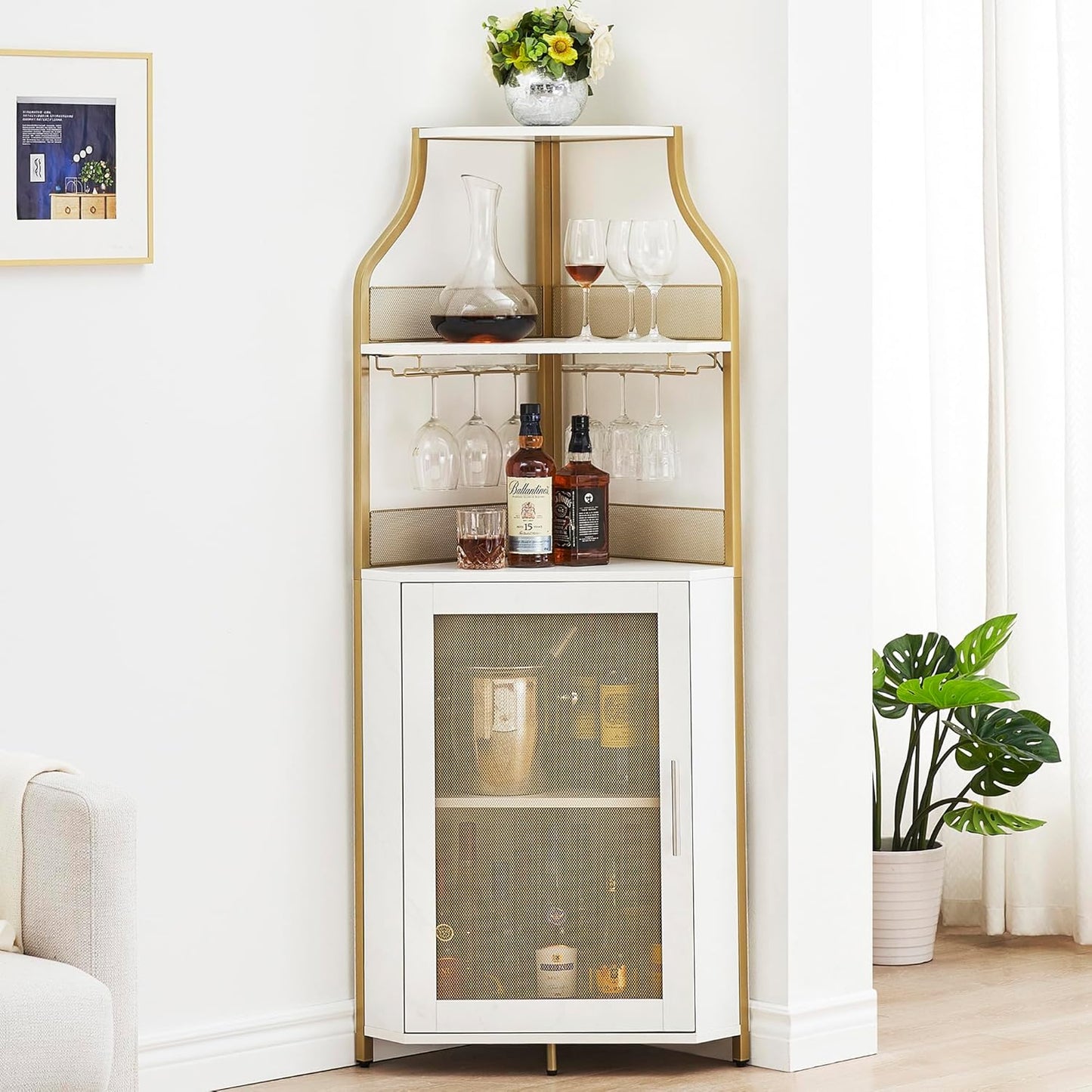 GAOMON Corner Bar Cabinet with Glass Holder, Industrial Wine Cabinet with Adjustble Shelf, 5-Tiers Liquor Cabinet Bar Cabinet for Home, Corner Display Cabinet for Small Space, Faux Marble