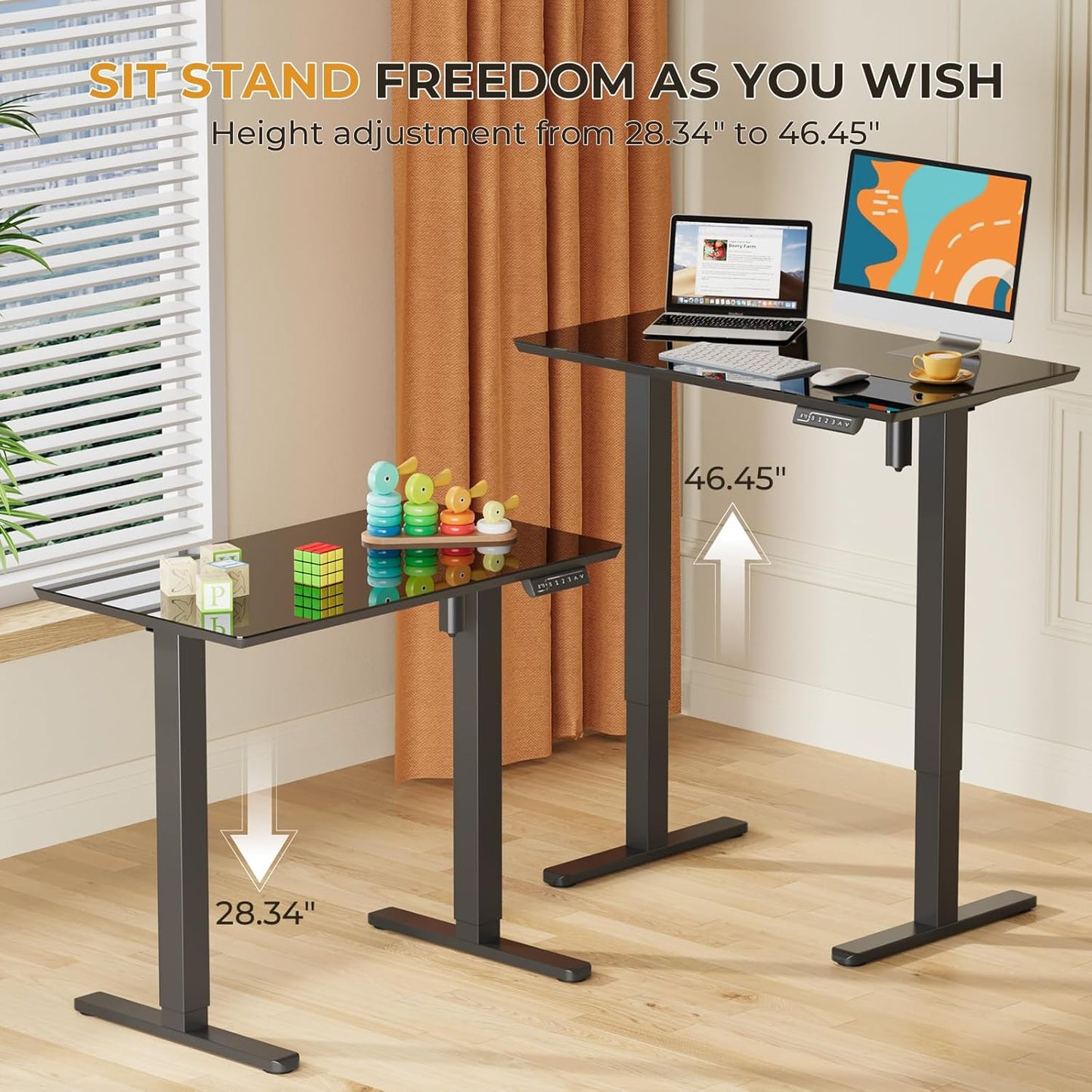 JOY worker Small Glass Standing Desk, 35" x 20" Electric Whole Piece Height Adjustable Desk with 4 Lockable Casters, Mobile White Sit to Stand Workstation for Home Office, Black