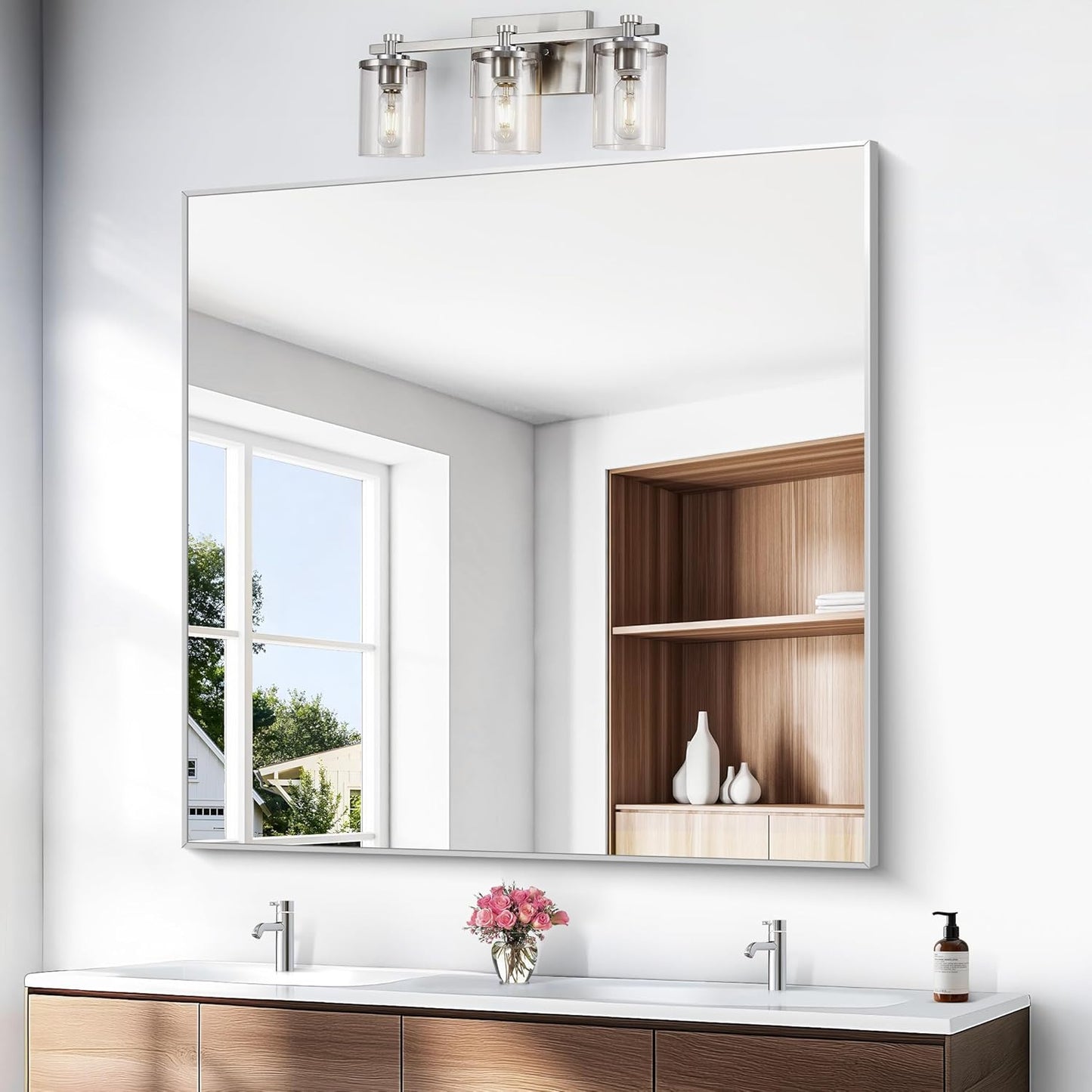 BONEWEI Silver Bathroom Mirror,48x48 inch Wall Mirror for Bathroom Wall Mounted,Large Rectangle Mirror for Bathroom Over Sink,Modern Metal Frame for Living Room,Bedroom Entryway,Horizontal/Vertical