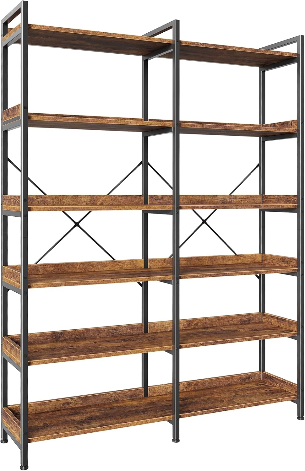 Huuger 6 Tier Bookshelf, Corner Bookshelf with 12 Open Shelves and Raised Baffle, 47.2 Inch Straight Wide Bookcase with Metal Frame and Wooden Board, Adjustable Feet, Rustic Brown