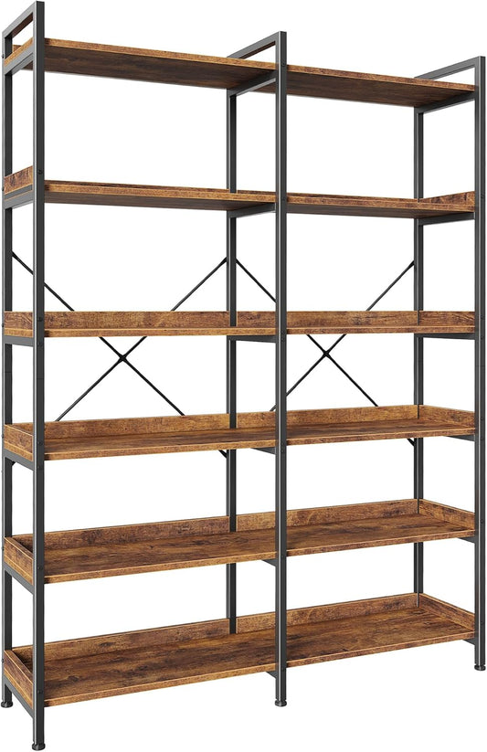 Huuger 6 Tier Bookshelf, Corner Bookshelf with 12 Open Shelves and Raised Baffle, 47.2 Inch Straight Wide Bookcase with Metal Frame and Wooden Board, Adjustable Feet, Rustic Brown
